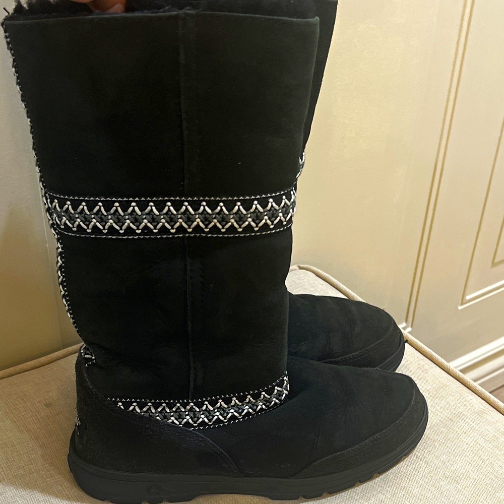 UGG Australia Sundance Women's Black Suede Mid-Calf Fur Lined Pull On US 7 M